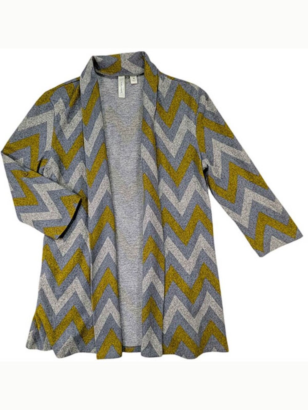 Tacera‎ Open Cardigan Womens M Chevron Gold Gray Duster Retro Layering Mod Boho